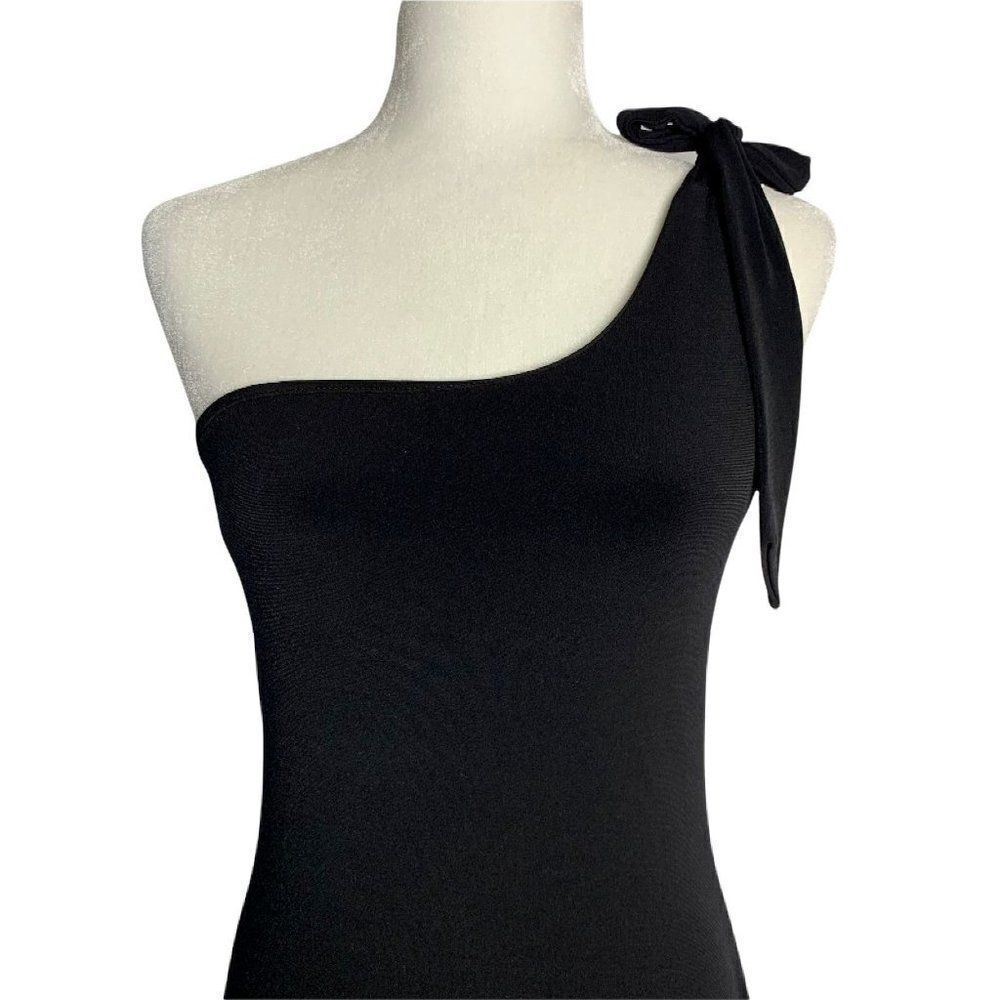 Vintage Guess Jeans One Shoulder Dress M Black Stretch Knit Shelf Bra Midi Tie - Picture 2 of 6